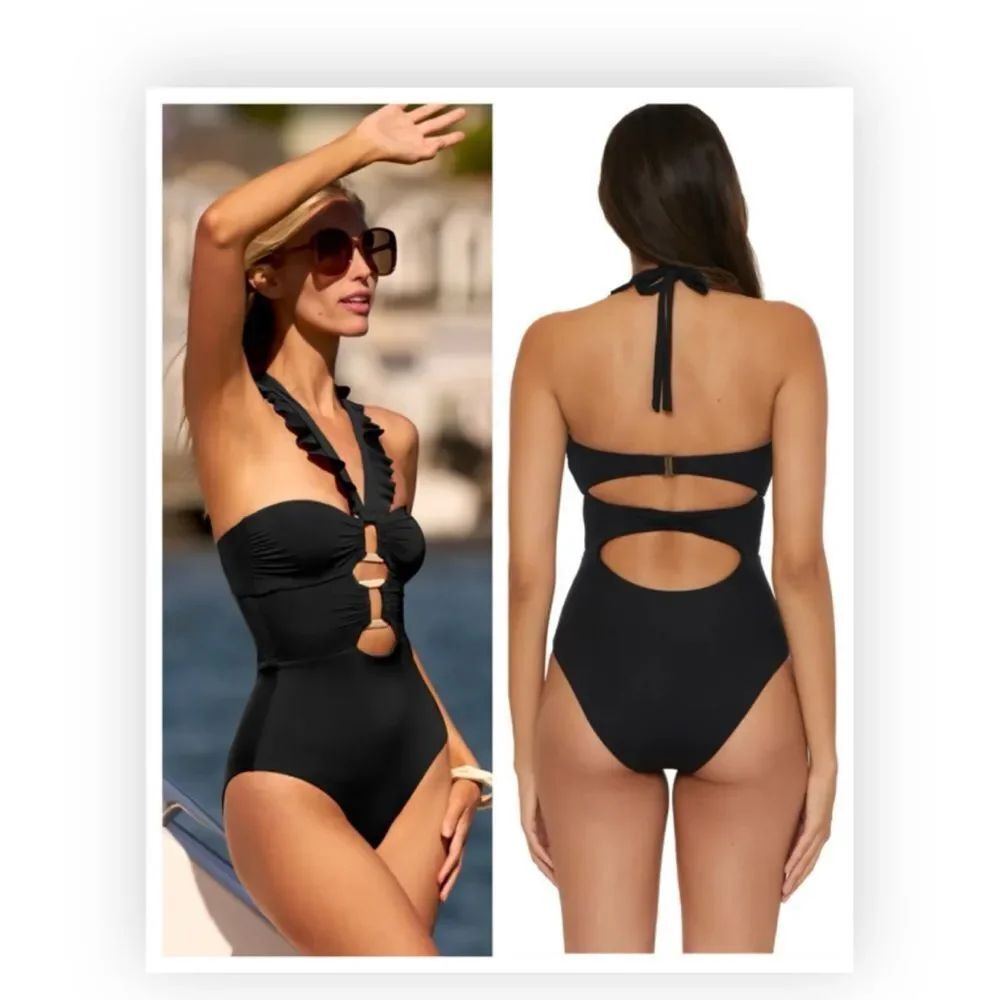 Soluna Black Ruffle Halter One-Piece Swimsuit